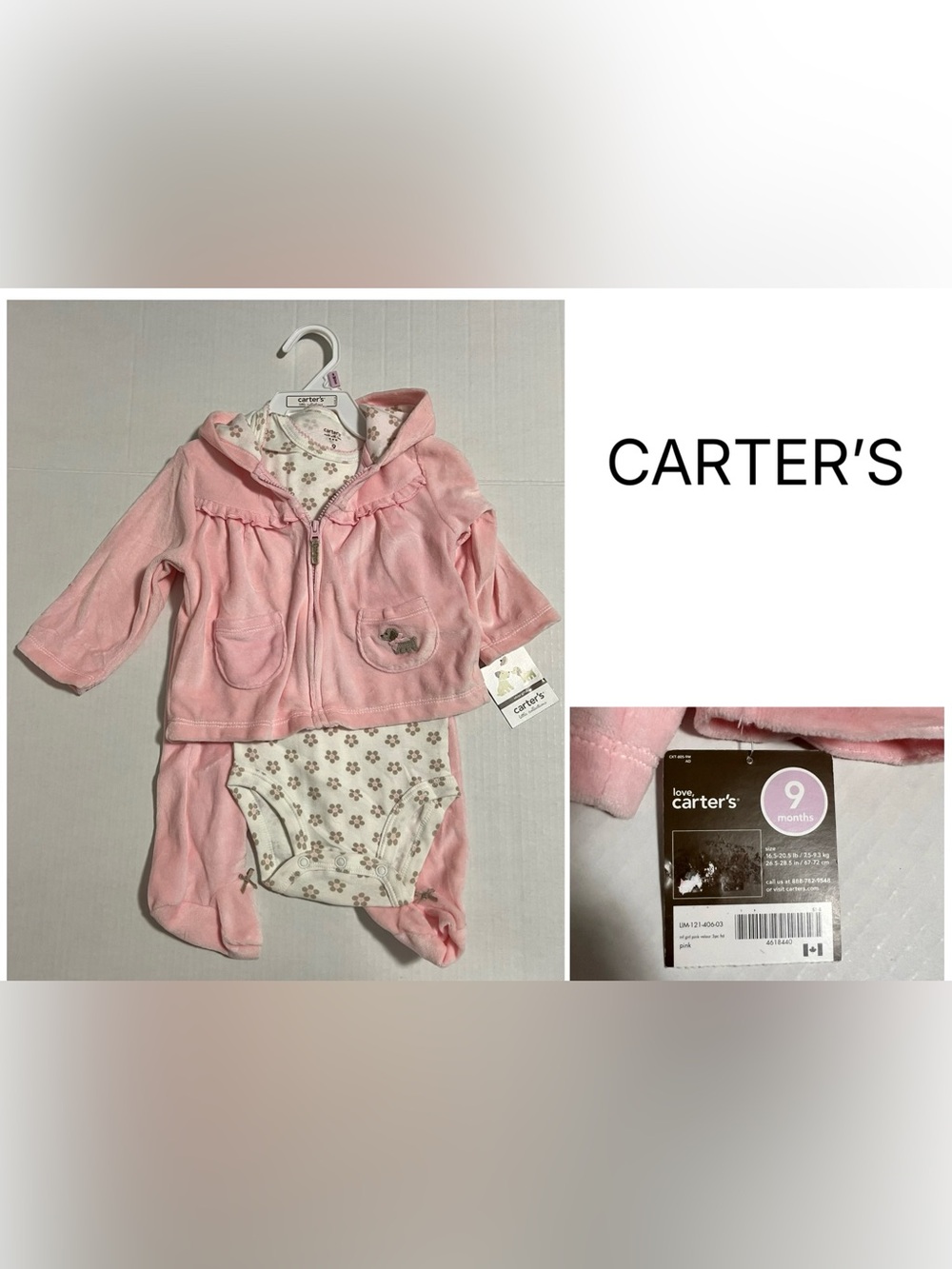 CARTER’S - 9M - NWT - INFANT GIRLS 3PC PINK VELOUR DOG SET